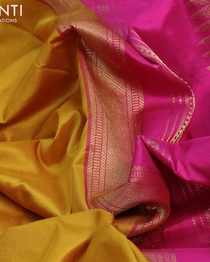 10 yards silk saree mustard yellow and pink with plain body and temple design zari woven border without blouse - {{ collection.title }} by Prashanti Sarees