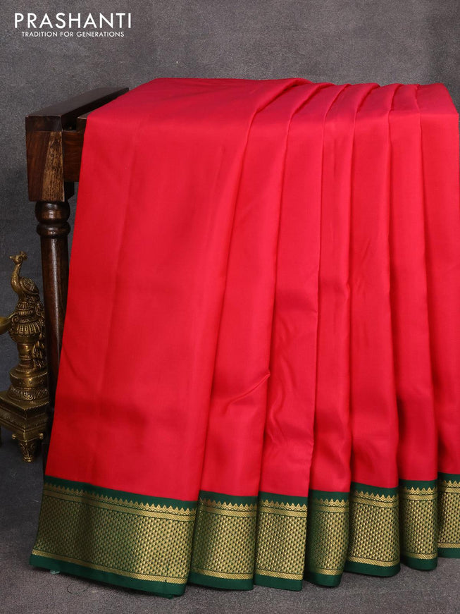 10 yards silk saree pink and dark green with plain body and zari woven korvai border without blouse - {{ collection.title }} by Prashanti Sarees