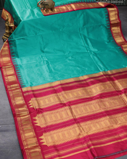 10 yards silk saree teal blue and magenta pink with plain body and temple design zari woven border without blouse - {{ collection.title }} by Prashanti Sarees