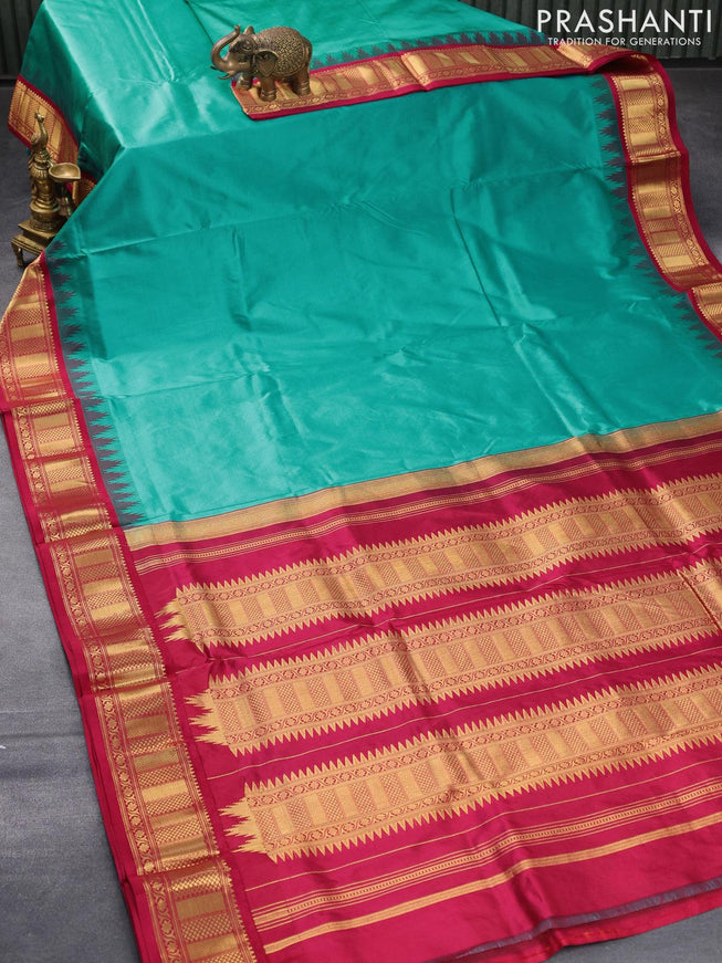 10 yards silk saree teal blue and magenta pink with plain body and temple design zari woven border without blouse - {{ collection.title }} by Prashanti Sarees