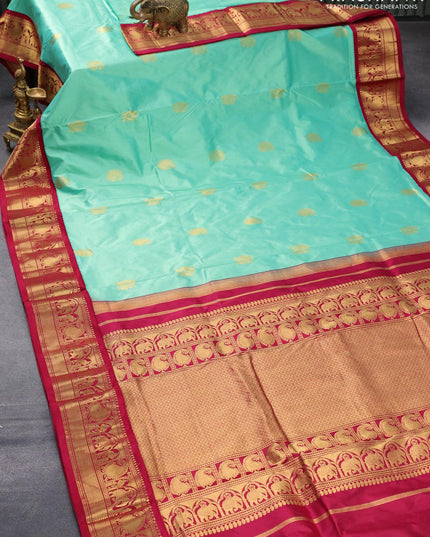 10 yards silk saree teal green and maroon with annam & paisley zari woven buttas and zari woven border without blouse - {{ collection.title }} by Prashanti Sarees