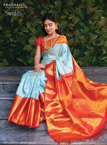 Pure kanjivaram silk saree light blue and red with allover silver zari woven brocade weaves and golden zari woven border