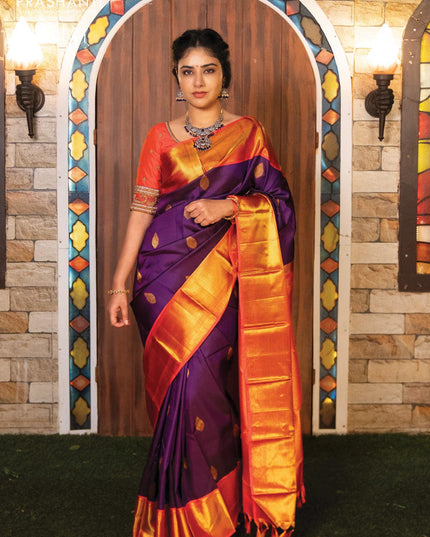 Pure kanjivaram silk saree dark blue and dual shade of pinkish orange with allover self emboss & zari buttas and rich zari woven border