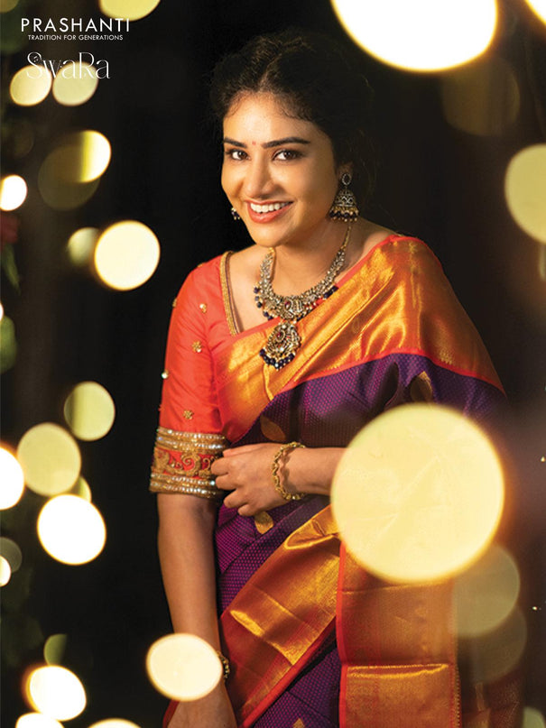Pure kanjivaram silk saree dark blue and dual shade of pinkish orange with allover self emboss & zari buttas and rich zari woven border