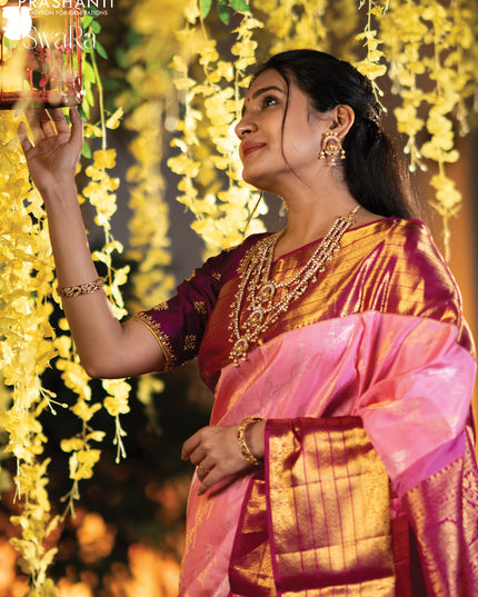 Pure kanjivaram silk saree light pink and pink with allover zari weaves and long zari woven border