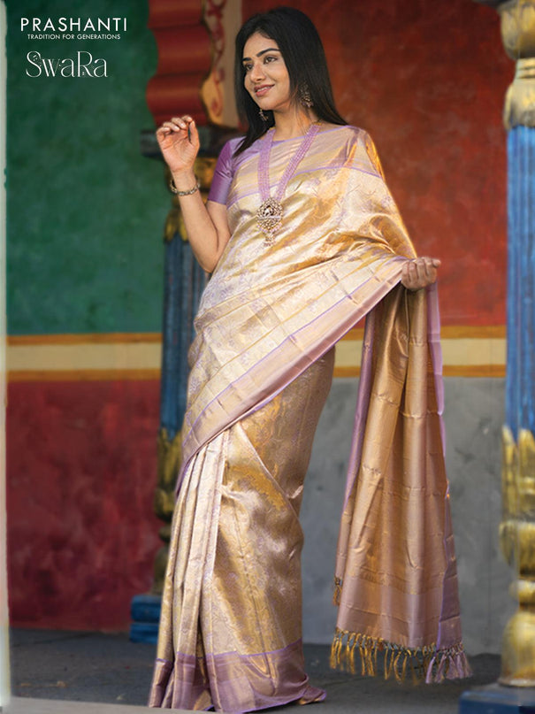 Pure kanjivaram tissue silk saree gold and lavender shade with allover zari woven brocade weaves and zari woven border