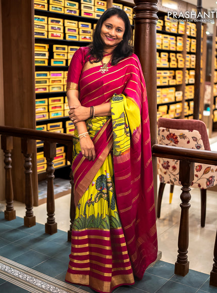 Pure mysore silk saree lime green and magenta pink with allover pichwai prints and long zari woven border