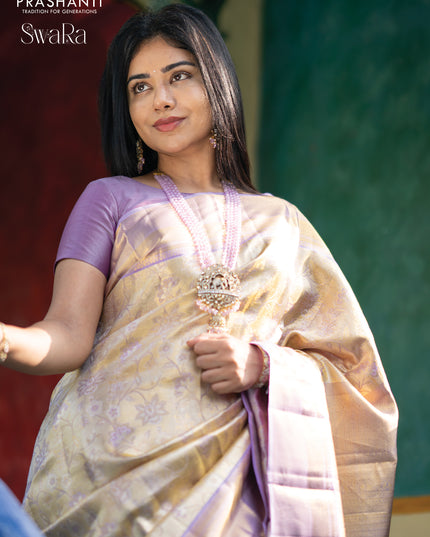 Pure kanjivaram tissue silk saree gold and lavender shade with allover zari woven brocade weaves and zari woven border