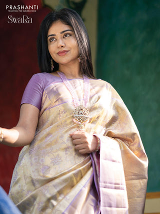 Pure kanjivaram tissue silk saree gold and lavender shade with allover zari woven brocade weaves and zari woven border