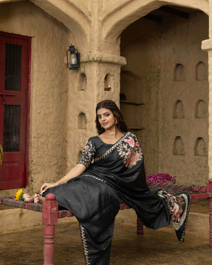 Tussar silk saree black with allover mirror work and placement style embroidery cut work pallu