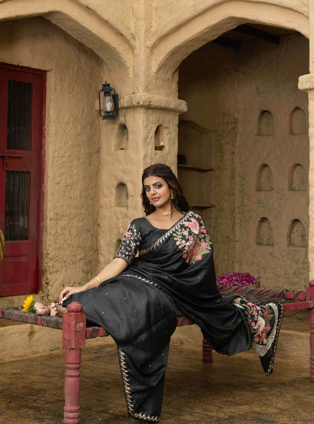 Tussar silk saree black with allover mirror work and placement style embroidery cut work pallu