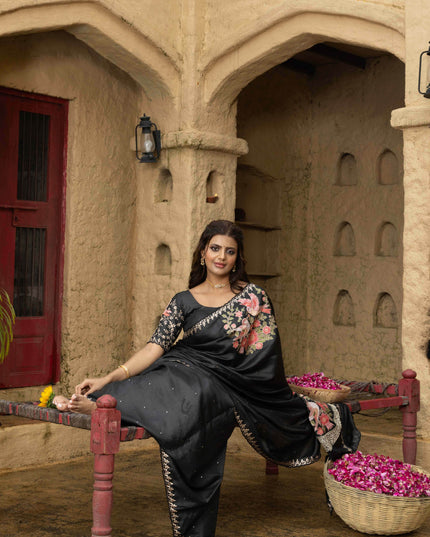 Tussar silk saree black with allover mirror work and placement style embroidery cut work pallu