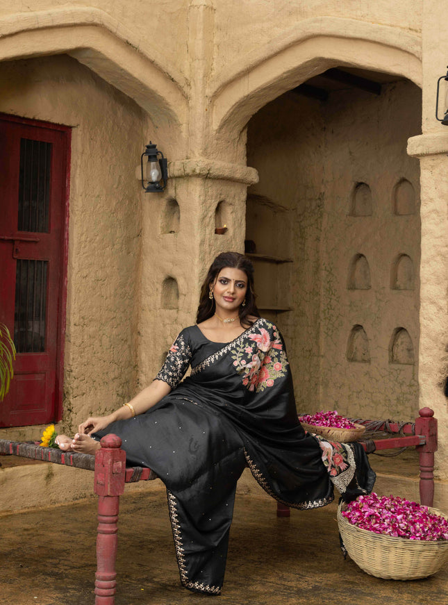 Tussar silk saree black with allover mirror work and placement style embroidery cut work pallu