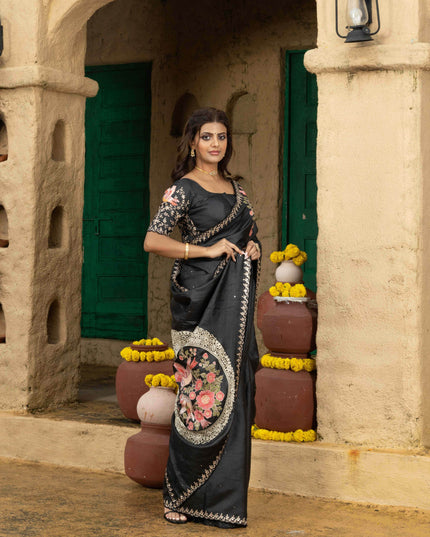 Tussar silk saree black with allover mirror work and placement style embroidery cut work pallu