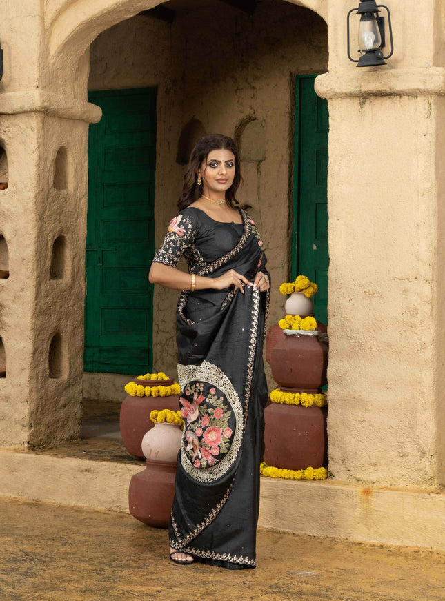 Tussar silk saree black with allover mirror work and placement style embroidery cut work pallu