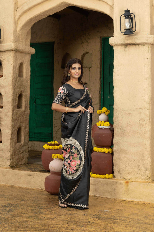 Tussar silk saree black with allover mirror work and placement style embroidery cut work pallu
