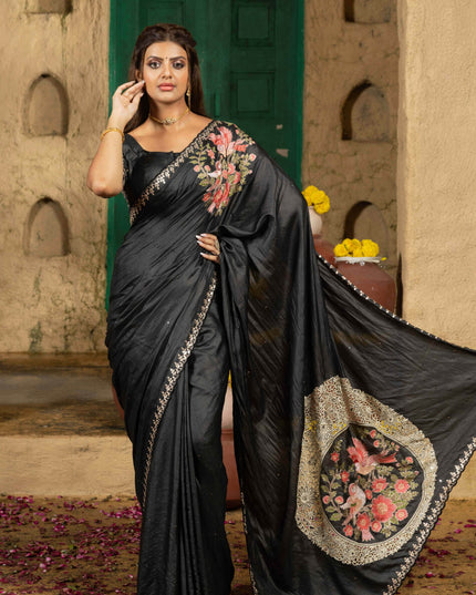 Tussar silk saree black with allover mirror work and placement style embroidery cut work pallu