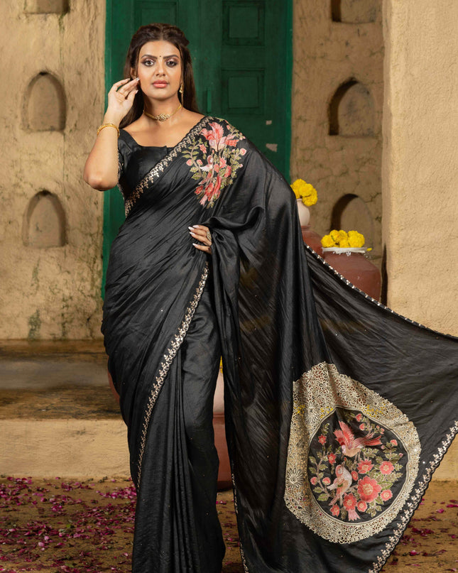 Tussar silk saree black with allover mirror work and placement style embroidery cut work pallu