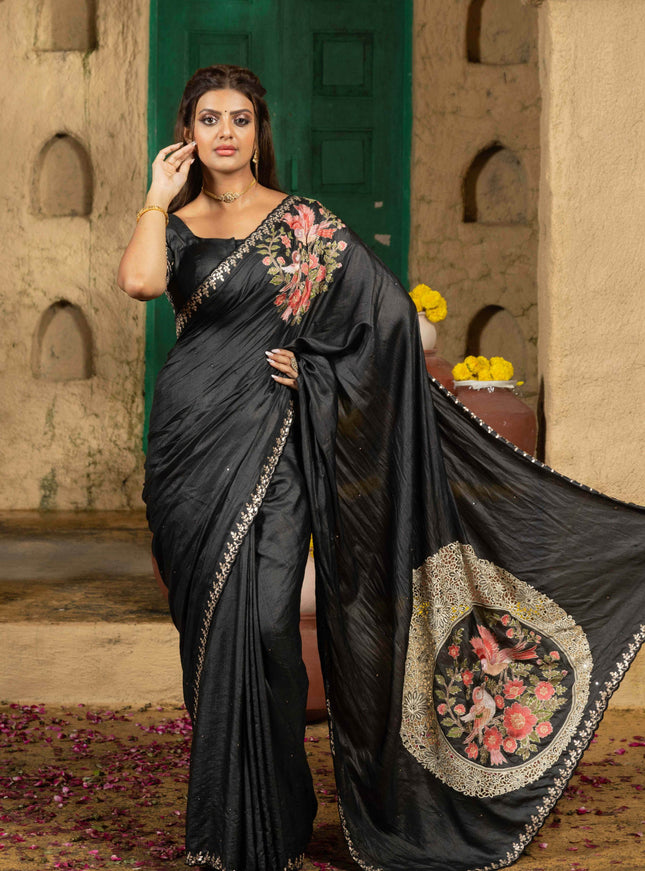 Tussar silk saree black with allover mirror work and placement style embroidery cut work pallu