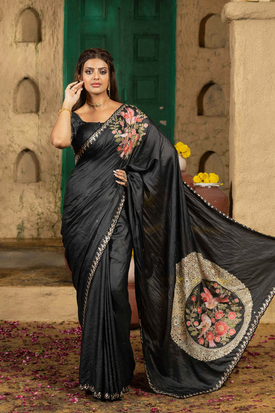 Tussar silk saree black with allover mirror work and placement style embroidery cut work pallu