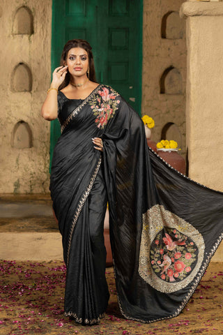 Tussar silk saree black with allover mirror work and placement style embroidery cut work pallu