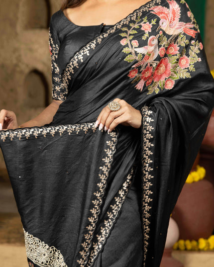 Tussar silk saree black with allover mirror work and placement style embroidery cut work pallu