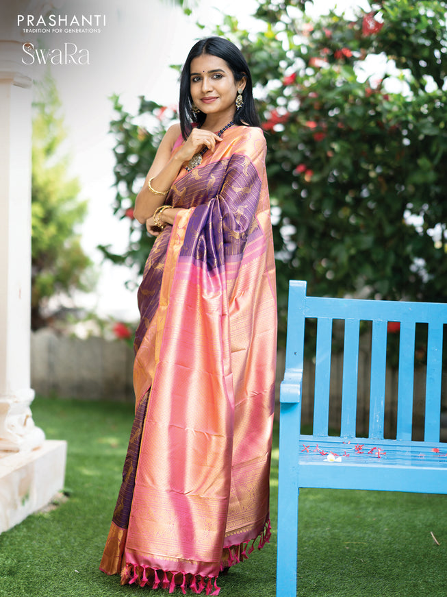 Pure kanjivaram silk saree deep violet and light pink with allover zari weaves and zari woven border