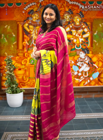 Pure mysore silk saree lime green and magenta pink with allover pichwai prints and long zari woven border
