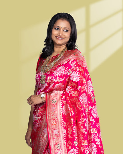 Pure banarasi uppada silk saree rani pink with allover thread & zari weaves and zari woven border