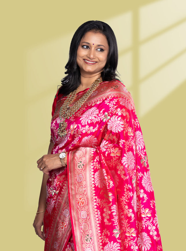 Pure banarasi uppada silk saree rani pink with allover thread & zari weaves and zari woven border