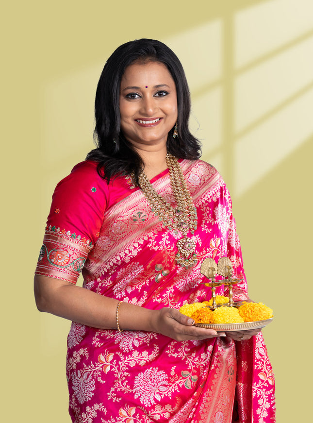 Pure banarasi uppada silk saree rani pink with allover thread & zari weaves and zari woven border