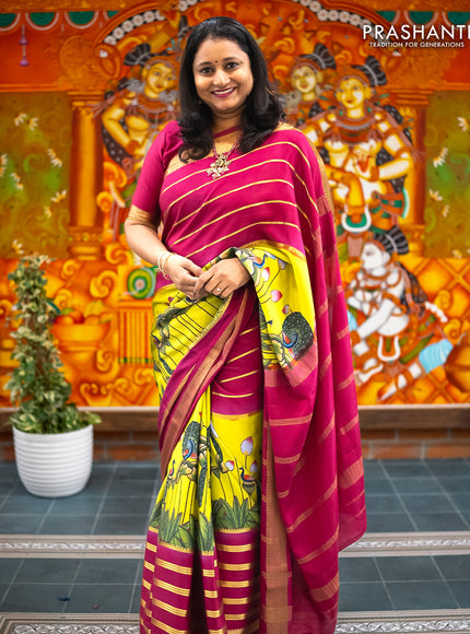 Pure mysore silk saree lime green and magenta pink with allover pichwai prints and long zari woven border