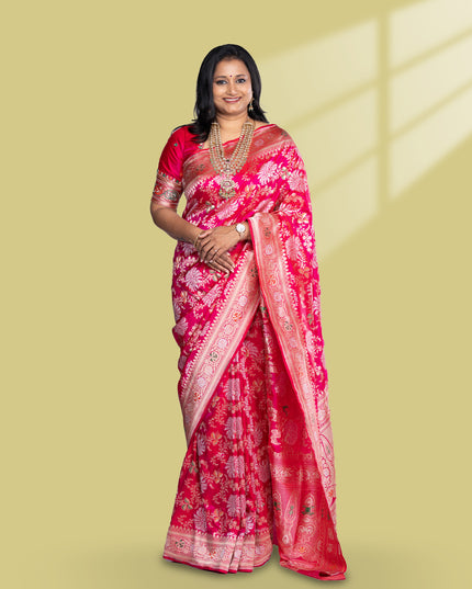 Pure banarasi uppada silk saree rani pink with allover thread & zari weaves and zari woven border