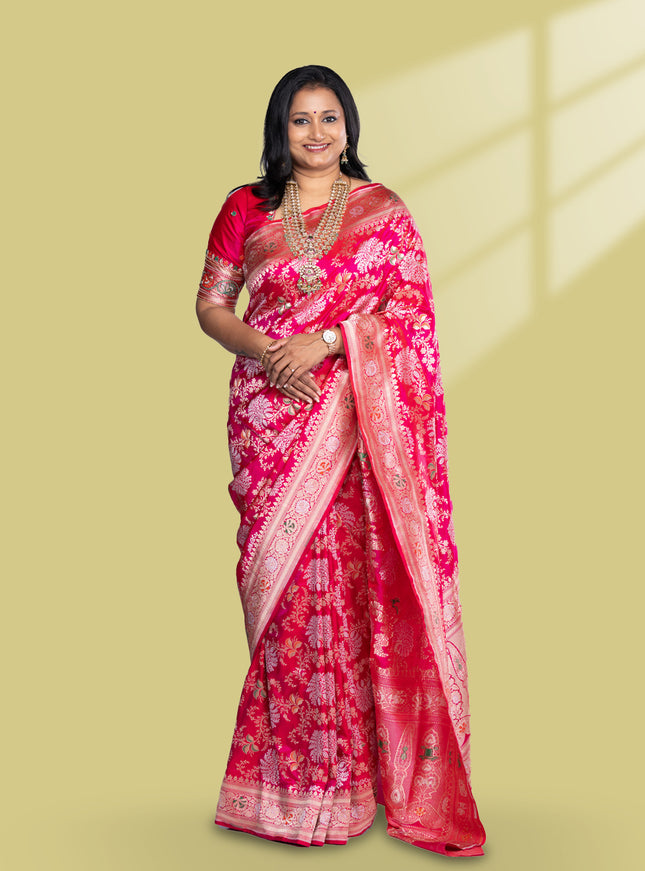 Pure banarasi uppada silk saree rani pink with allover thread & zari weaves and zari woven border