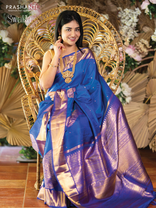 Pure kanjivaram silk saree royal blue with allover self emboss & zari buttas and zari woven border