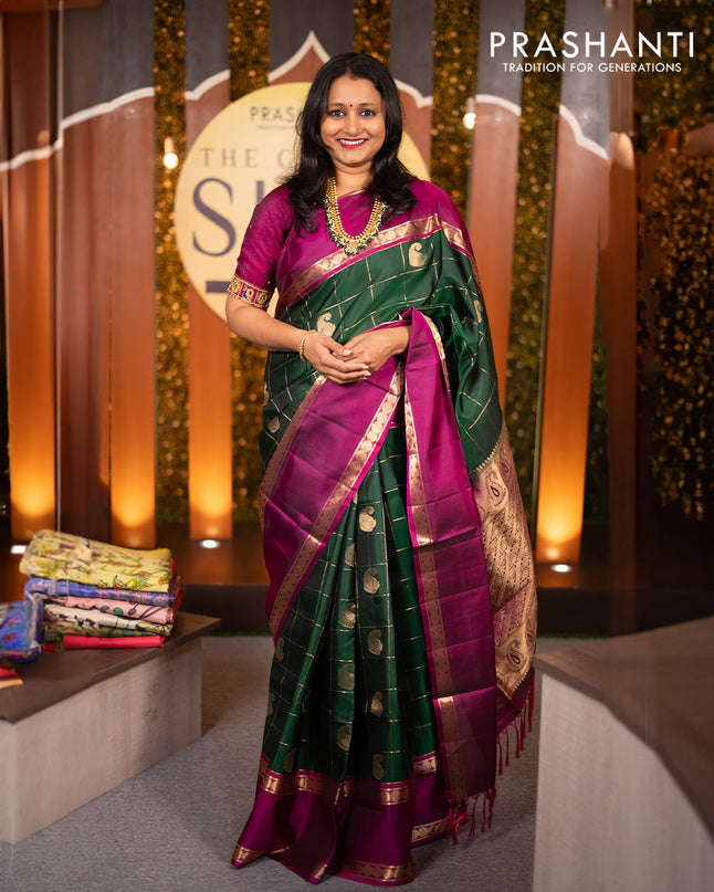 Pure soft silk saree green and purple with allover zari checks & paisley buttas and rettapet zari woven border