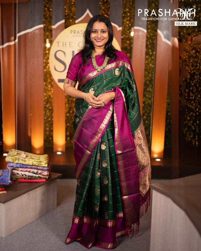 Pure soft silk saree green and purple with allover zari checks & paisley buttas and rettapet zari woven border