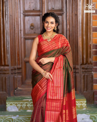 Pure soft silk saree manthulir green and red with allover zari weaves and long zari woven border