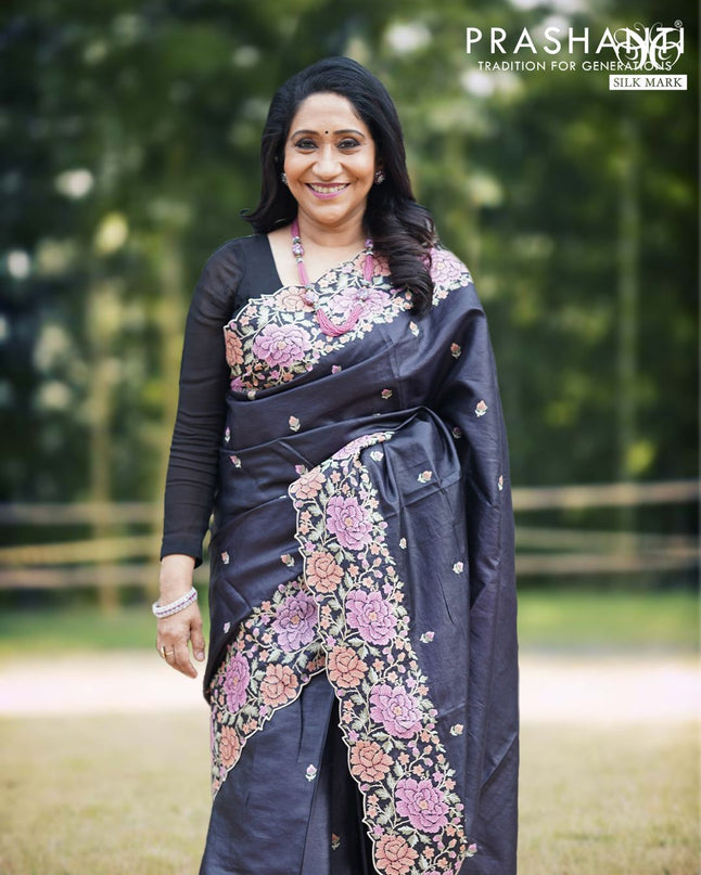 Pure tussar silk saree black with allover embroidery work buttas and floral design embroidery work border