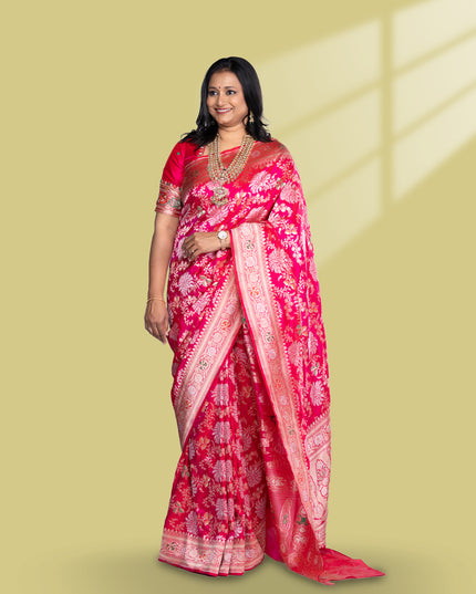 Pure banarasi uppada silk saree rani pink with allover thread & zari weaves and zari woven border