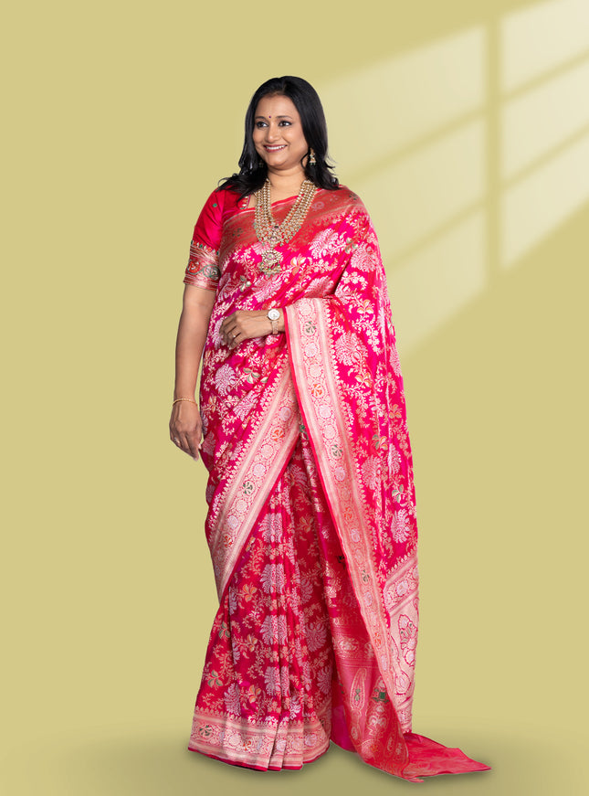 Pure banarasi uppada silk saree rani pink with allover thread & zari weaves and zari woven border