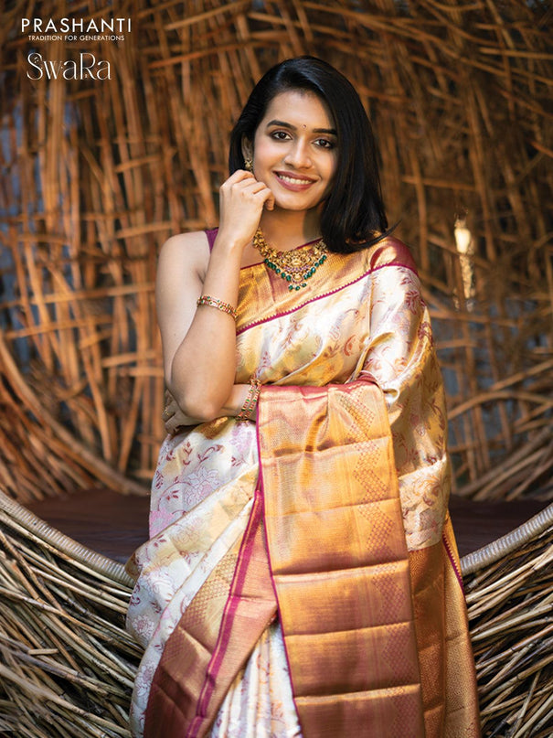 Pure kanjivaram tissue silk saree gold and dark magenta pink with allover zari woven brocade weaves and zari woven border