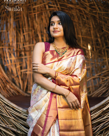 Pure kanjivaram tissue silk saree gold and dark magenta pink with allover zari woven brocade weaves and zari woven border
