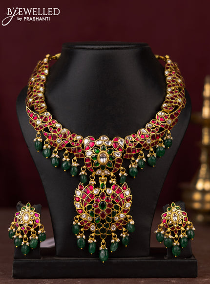 Jadau necklace peacock design with jadau kundan stones and pearl & mint green beads hangings