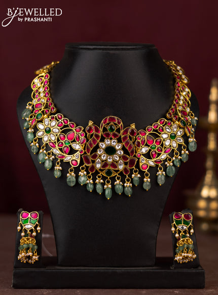 Jadau necklace peacock design with jadau kundan stones and pearl & mint green beads hangings