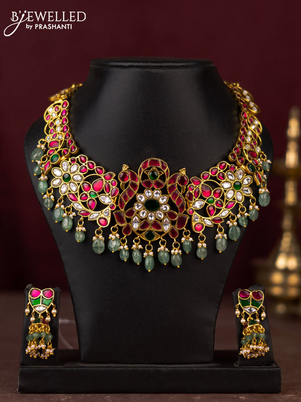 Jadau necklace peacock design with jadau kundan stones and pearl & mint green beads hangings