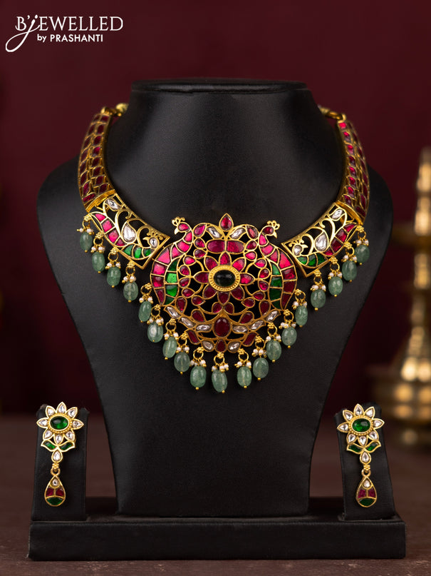 Jadau necklace peacock design with jadau kundan stones and pearl & mint green beads hangings