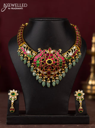 Jadau necklace peacock design with jadau kundan stones and pearl & mint green beads hangings