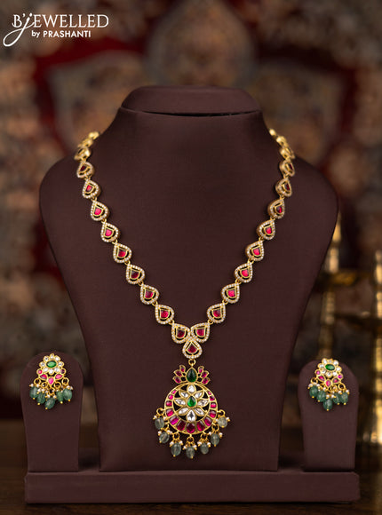 Jadau necklace with jadau kundan stones and pearl & mint green beads hangings