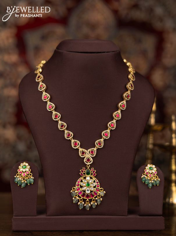 Jadau necklace with jadau kundan stones and pearl & mint green beads hangings